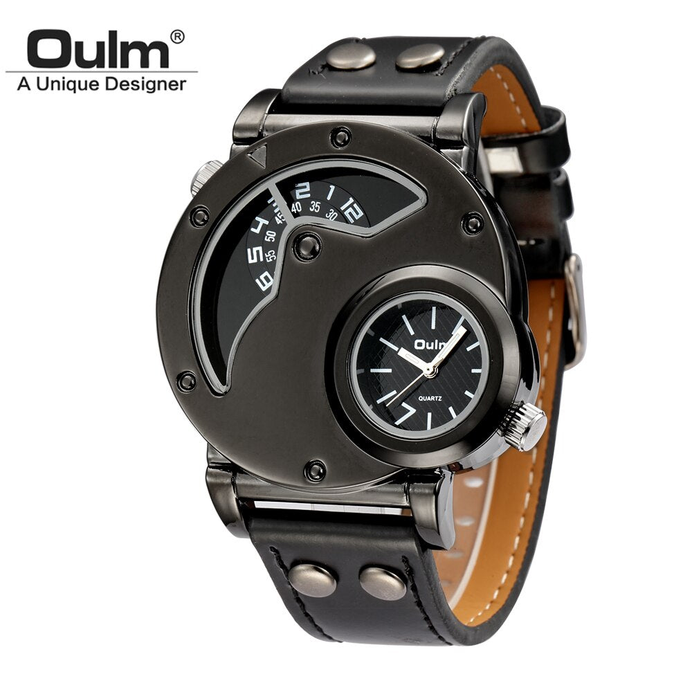 Oulm 9591 Two Time Zone Casual Leather Strap Wristwatch Male Big Size Sport Watches Unique Men&#39;s Quartz Watch relogio masculino