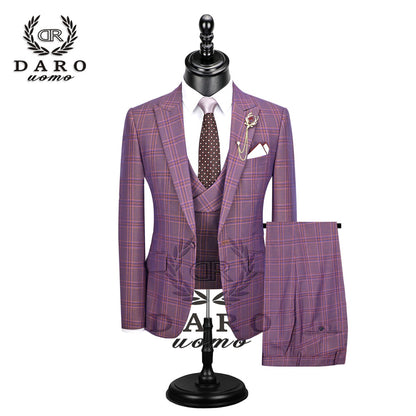 DARO 2022 New Men Suit 3 Pieces Fashion Plaid Suit  Slim Fit  blue purple  Wedding Dress  Suits Blazer Pant and Vest DR8193