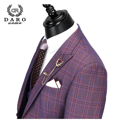 DARO 2022 New Men Suit 3 Pieces Fashion Plaid Suit  Slim Fit  blue purple  Wedding Dress  Suits Blazer Pant and Vest DR8193