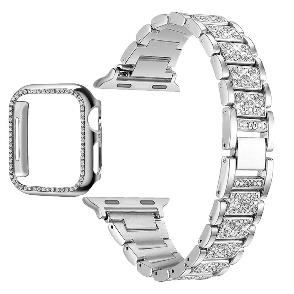 For Apple Watch Band Series 6 5 4 3 2 1 Women Lady Diamond Band Strap for iWatch 6 44MM 40MM 42MM 38MM Stainless Steel Bracelet
