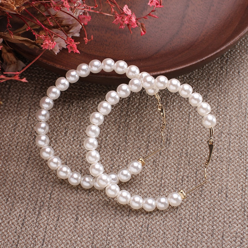 New white boho imitation pearl round circle hoop earrings female gold color big earrings korean jewelry statement earrings