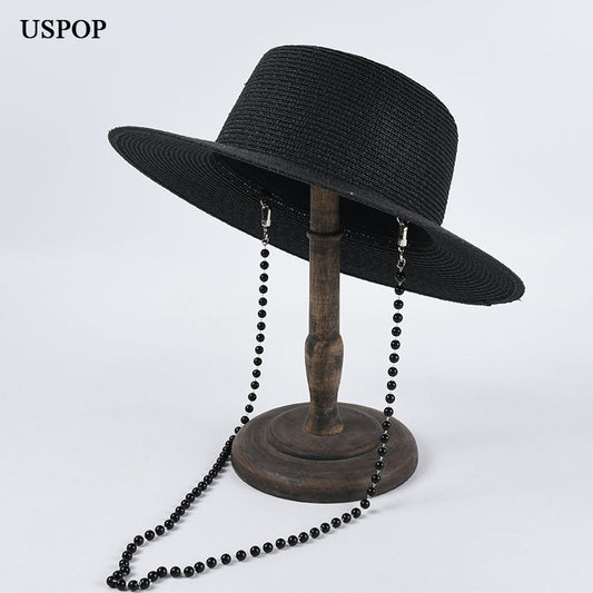 USPOP women summer hats straw sun hat panama straw fedoras with chain Beach sunshade