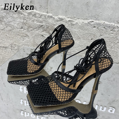 Eilyken 2023 New Sexy Mesh Pumps Sandals Female Square Toe High Heel Lace Up Cross-Tied Stiletto Hollow Dress Shoes