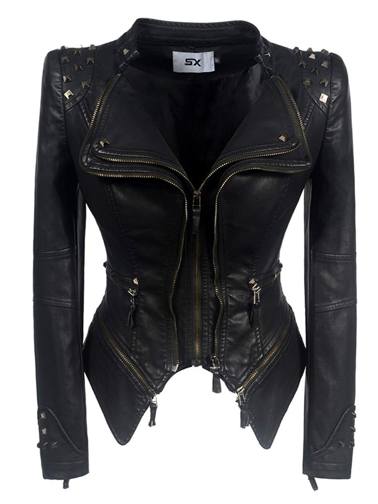 SX 2020 New Fashion Women Smooth Motorcycle faux PU Leather Jacket Lady Long Sleeve slim Biker Streetwear Snake print black Coat