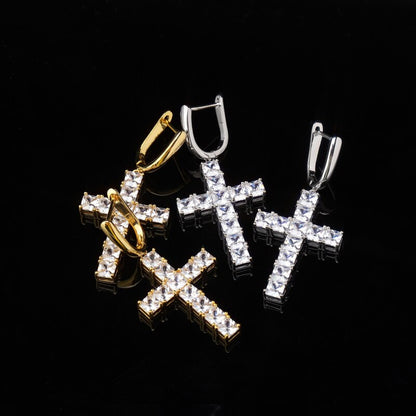 TOPGRILLZ Micro Paved Cross Full Bling Iced Out Earring Cubic Zircon Gold Silver Color Charm Stud Earrings Hip Hop Jewelry