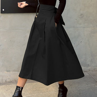 Shintimes Skirts Womens 2022 Korean Fashion Solid Color Big Swing Women Skirt Long Skirt Autumn Wild High Waist Bow Slim Skirts