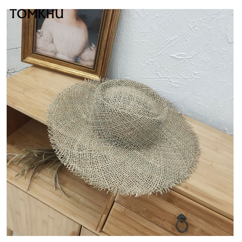 New Women Fray Woven Seagrass Boater Hat Casual Sun Beach Caps Wide Brim Summer Hat Unisex Straw Hats for Kentucky Derby Travel