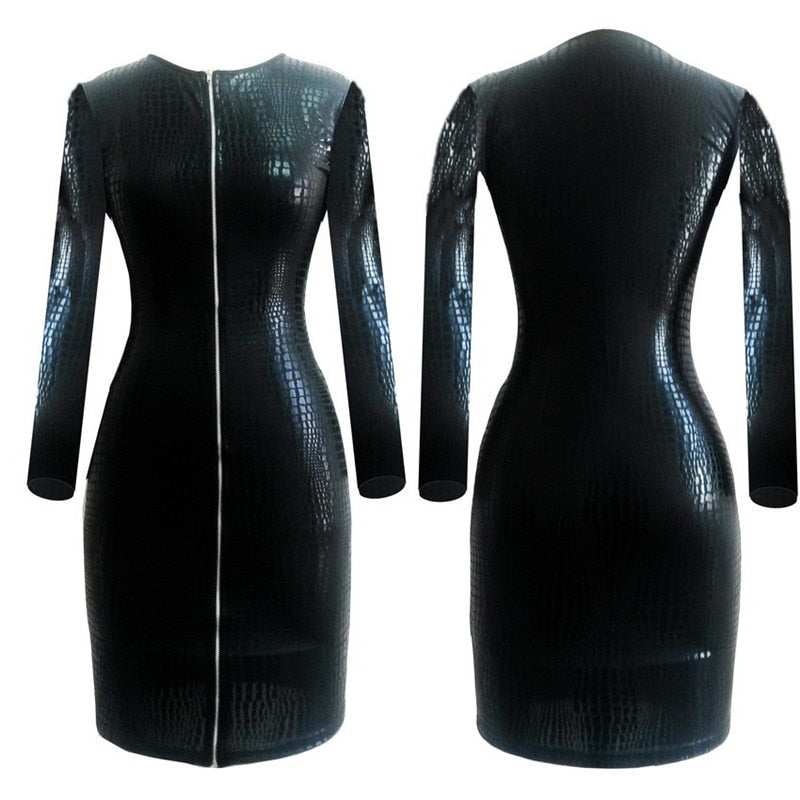 S-3XL Plus Size Dress Women Clothing Sexy Black Snakeskin Faux Leather Bandage Dress 2016 Summer New Zipper Bodycon Dress