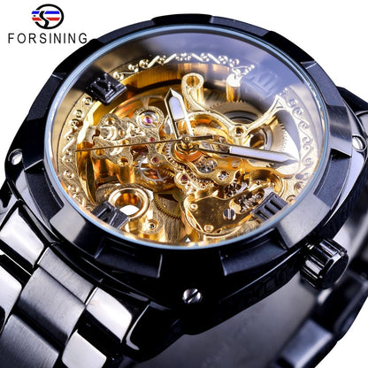 Forsining Silver Watches Folding Clasp with Safety Men&#39;s Automatic Watches Top Brand Luxury Transparent Watches Luminous Hands