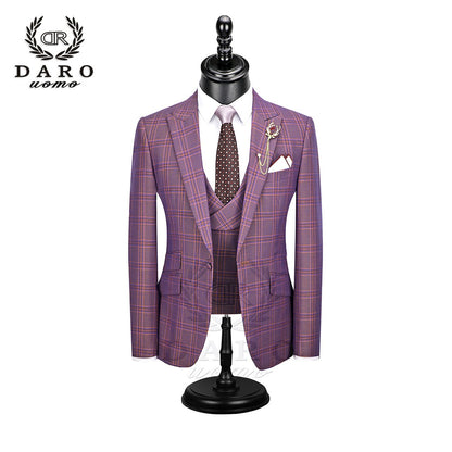 DARO 2022 New Men Suit 3 Pieces Fashion Plaid Suit  Slim Fit  blue purple  Wedding Dress  Suits Blazer Pant and Vest DR8193