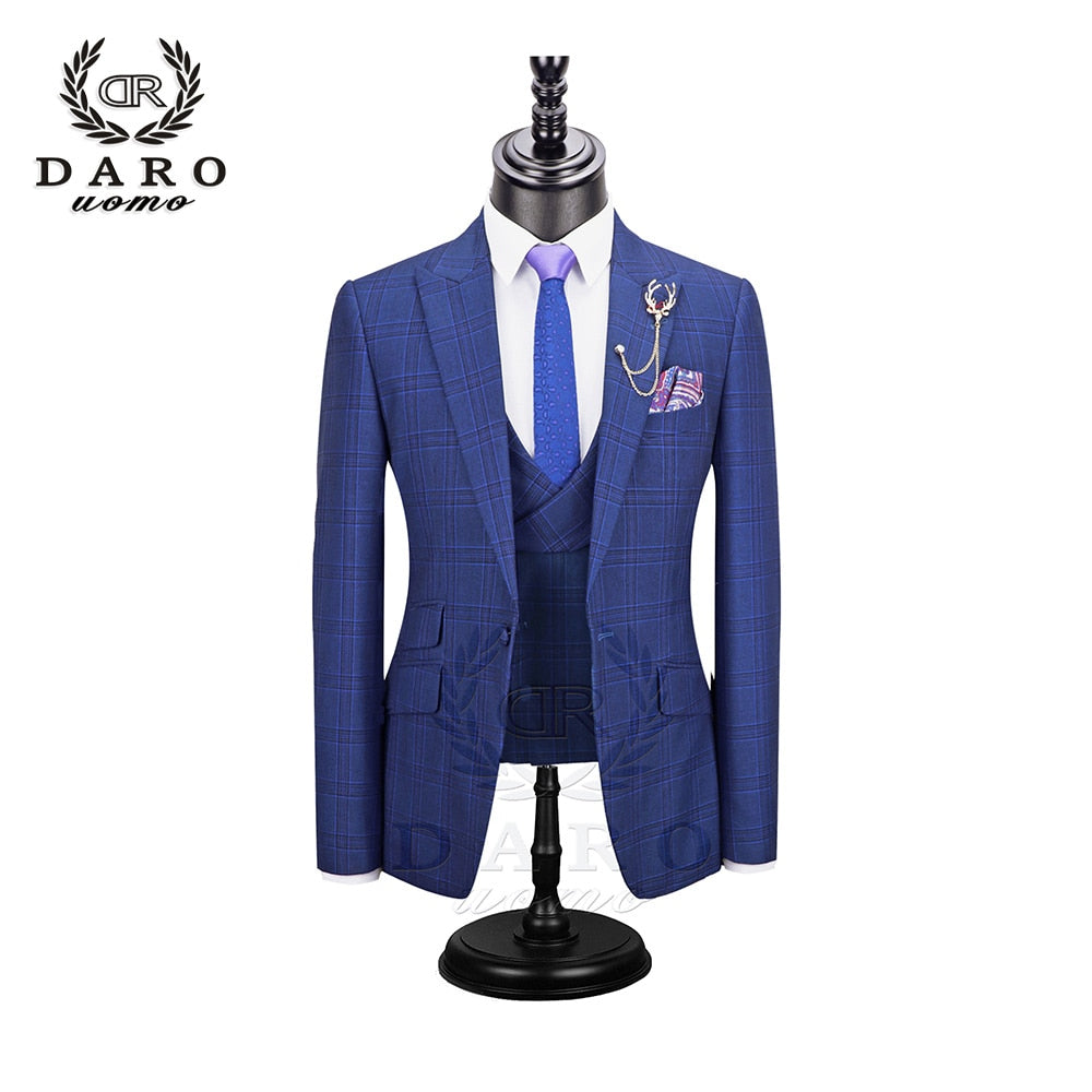 DARO 2022 New Men Suit 3 Pieces Fashion Plaid Suit  Slim Fit  blue purple  Wedding Dress  Suits Blazer Pant and Vest DR8193