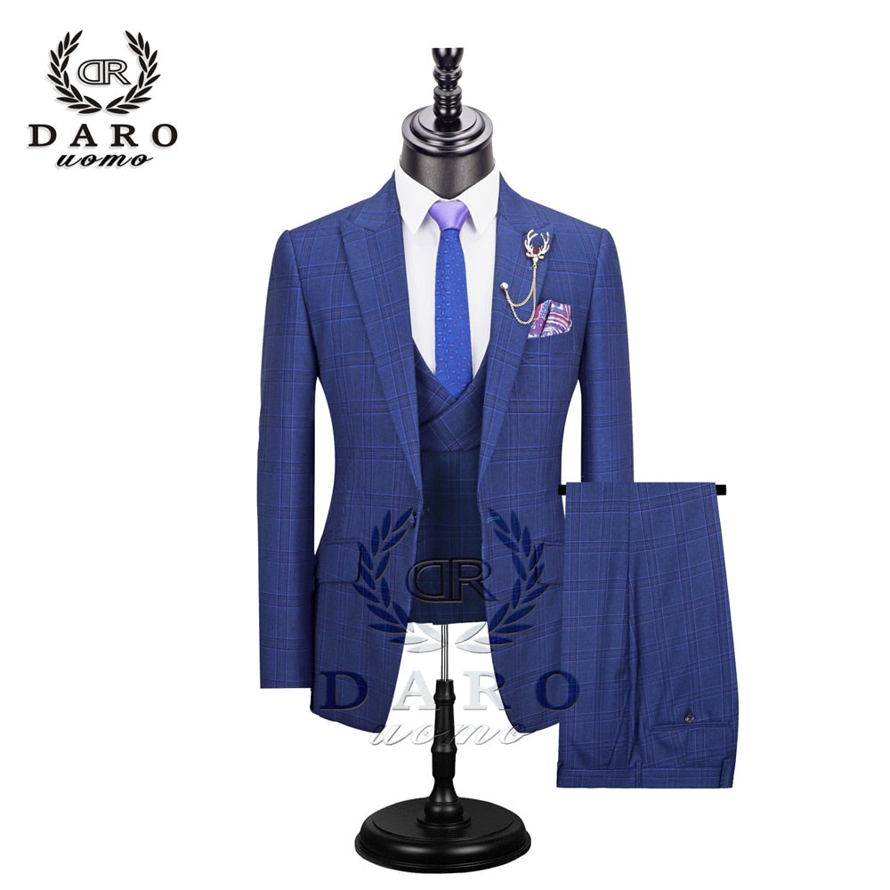 DARO 2022 New Men Suit 3 Pieces Fashion Plaid Suit  Slim Fit  blue purple  Wedding Dress  Suits Blazer Pant and Vest DR8193