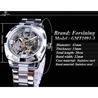 Forsining Silver Watches Folding Clasp with Safety Men&#39;s Automatic Watches Top Brand Luxury Transparent Watches Luminous Hands