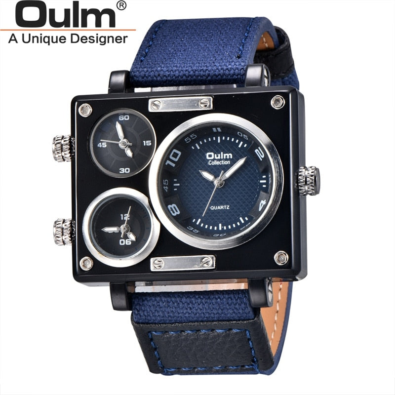 Oulm 3595 Green Military Watches Men Luxury Brand Three Time Zone Wristwatch Male Quartz Clock Men&#39;s Casual Fabric Watch