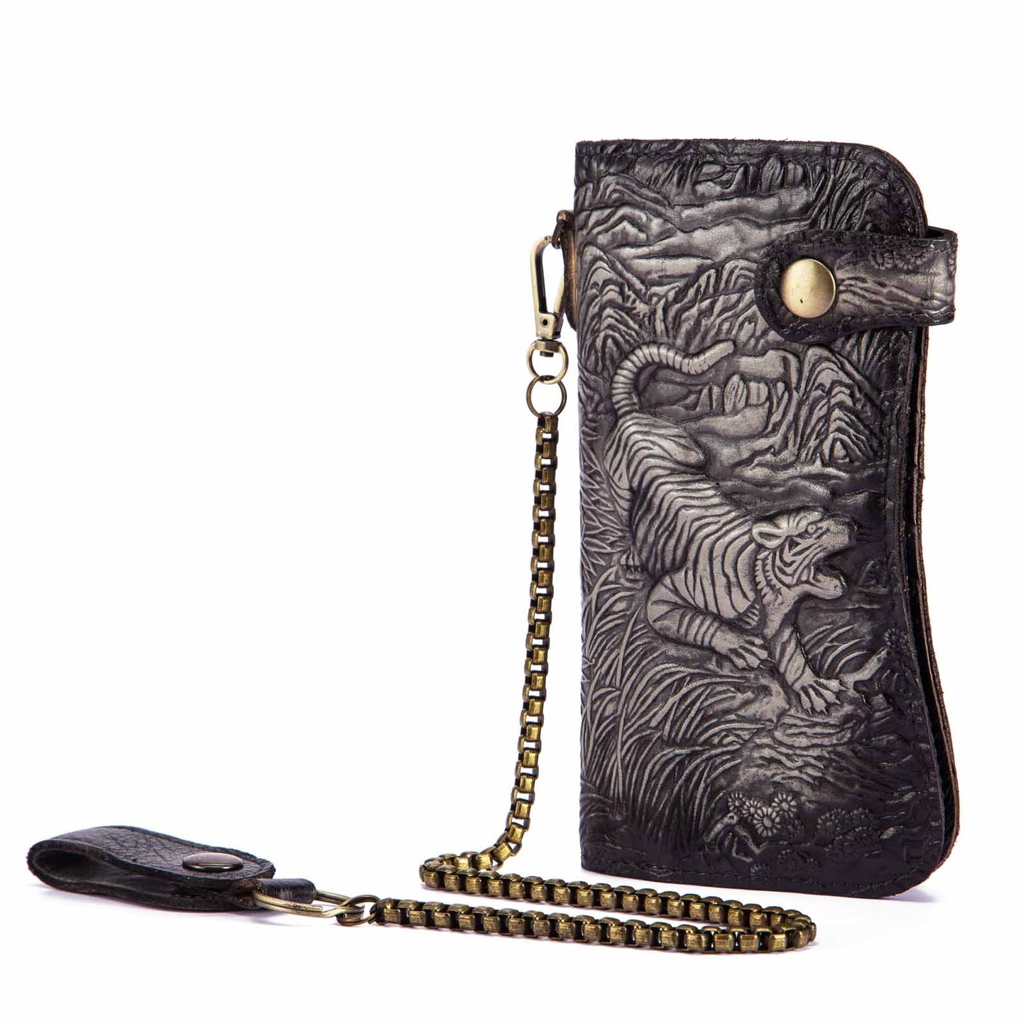 Cattle Male Genuine leather Dargon Tiger Emboss Fashion Checkbook Iron Chain Organizer Wallet Purse Design Clutch Handbag 1088