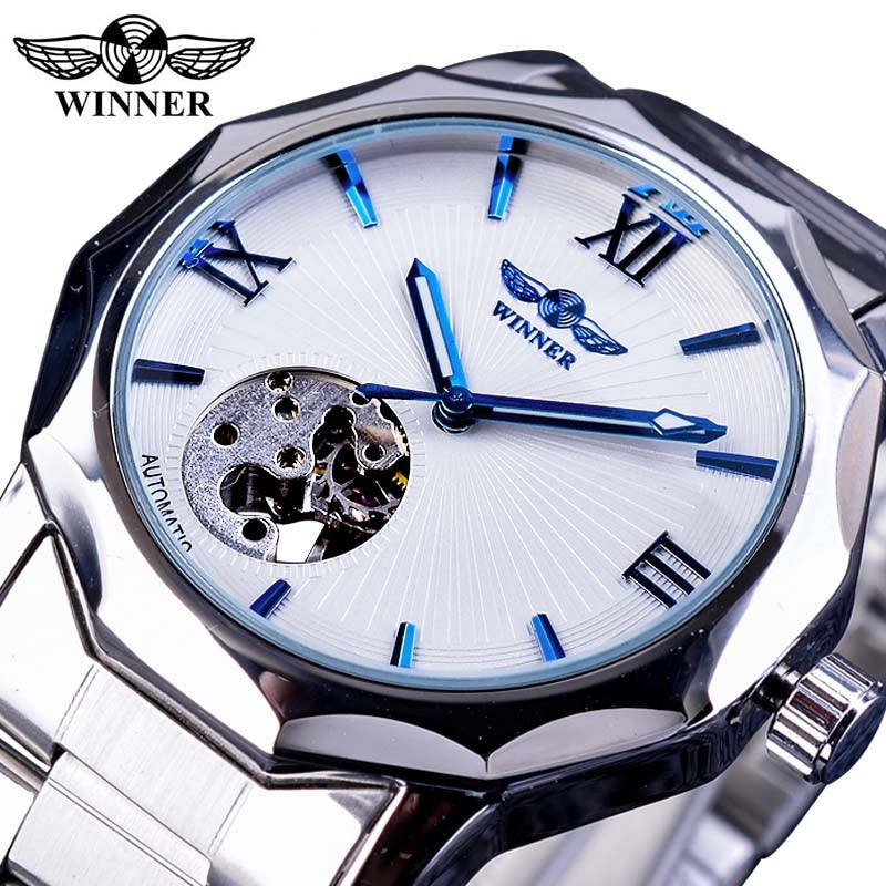 Winner Blue Ocean Geometry Design Transparent Skeleton Dial Mens Watch Top Brand Luxury Automatic Fashion Mechanical Watch Clock