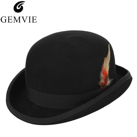 GEMVIE 4 Sizes 100% Wool Felt Black Derby Bowler Hat For Men Women Feather Satin Lining Casual Formal Fedora