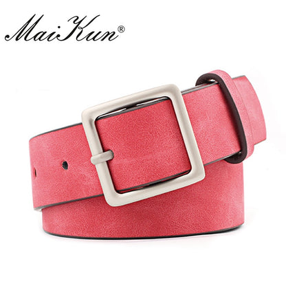 MaiKun Women Leather Belts for Jeans Luxury brand Designer Belts Female Square Metal Pin Buckle Belt