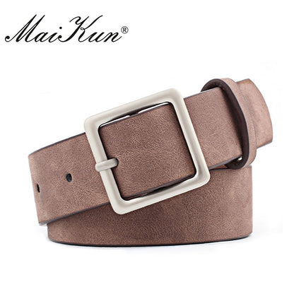 MaiKun Women Leather Belts for Jeans Luxury brand Designer Belts Female Square Metal Pin Buckle Belt