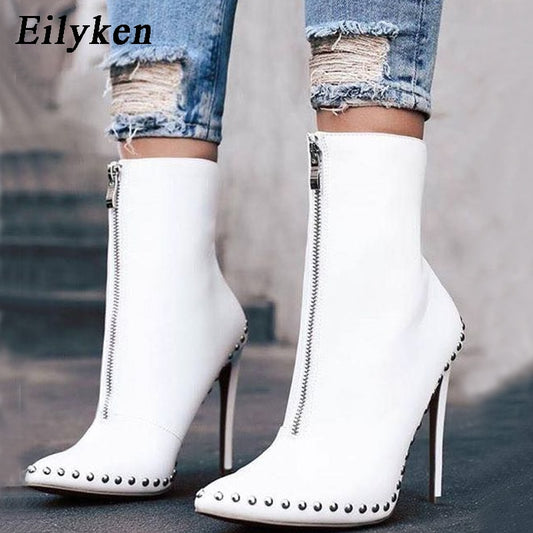 Eilyken 2023 New Design High Heels Women Ankle Boots Winter Zipper Rivet Decoration Pointed Toe Fashion Strippers Ladies Shoes