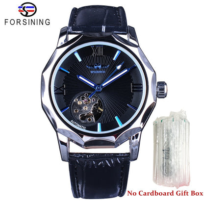 Winner Blue Ocean Geometry Design Transparent Skeleton Dial Mens Watch Top Brand Luxury Automatic Fashion Mechanical Watch Clock