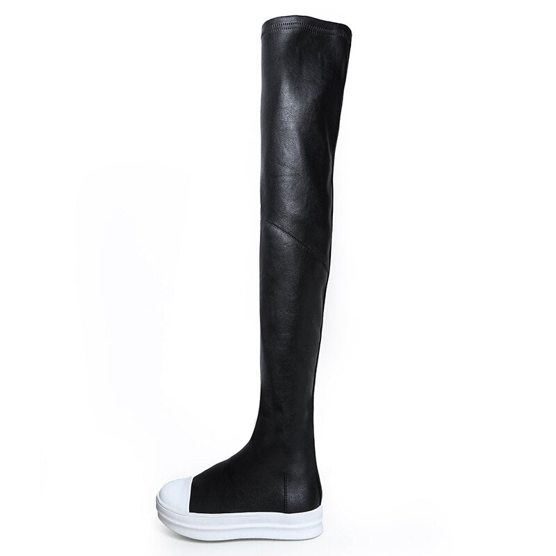 Koovan Women Over-the-Knee Boots for 2022 Girls New Chunky Boots Woman Leather Elastic Flat Casual Leisure Student Shoes Long