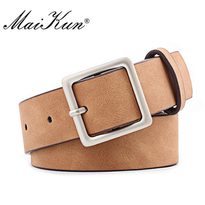 MaiKun Women Leather Belts for Jeans Luxury brand Designer Belts Female Square Metal Pin Buckle Belt