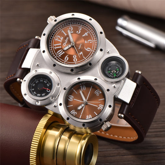 Big Face Oulm Luxury Brand Original Imported Quartz Watches Men Unique Design Dual Time Watch Decorative Compass Wristwatch