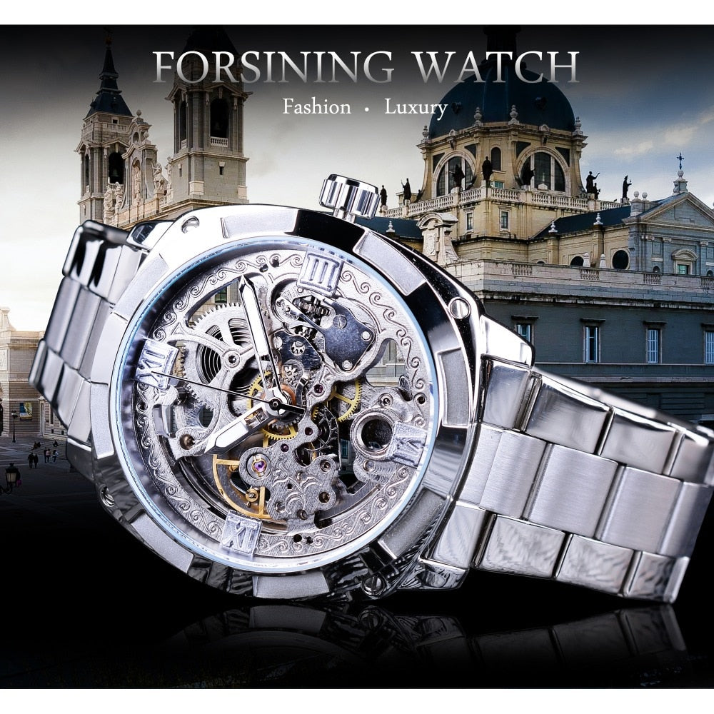 Forsining Silver Watches Folding Clasp with Safety Men&#39;s Automatic Watches Top Brand Luxury Transparent Watches Luminous Hands