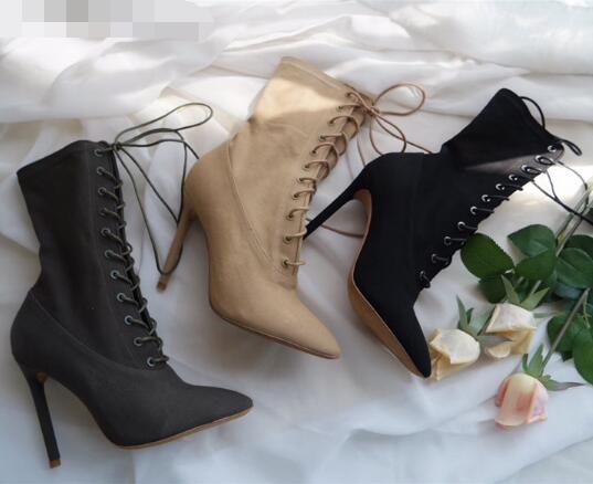 Fashion Design Woman Sexy Mid-Calf Boots High Heel Women Lace Up Ankle Boots High Quality Pointed Toe High Heel Woman Boots