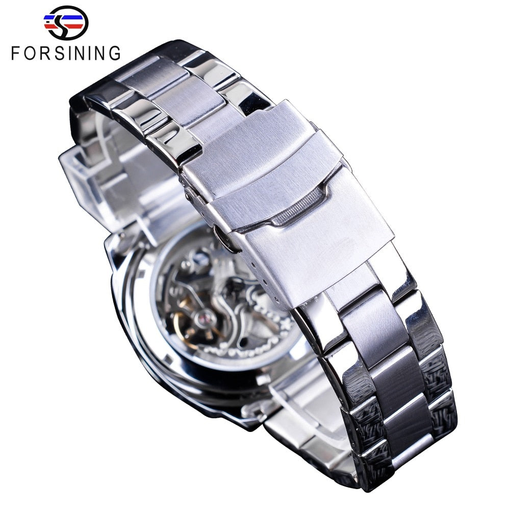 Forsining Silver Watches Folding Clasp with Safety Men&#39;s Automatic Watches Top Brand Luxury Transparent Watches Luminous Hands