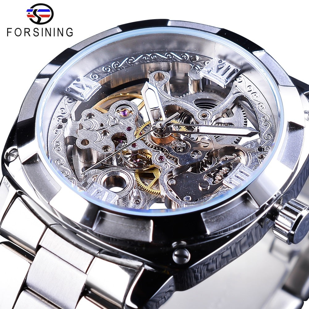 Forsining Silver Watches Folding Clasp with Safety Men&#39;s Automatic Watches Top Brand Luxury Transparent Watches Luminous Hands