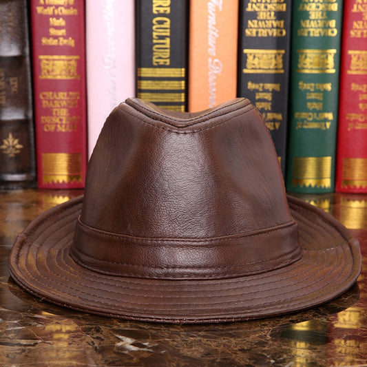 Male 100% Genuine Leather Jazz Hat Adult Fedoras Hat Male Sheepskin Fedoras Cap Men&#39;s Wide Brim Leather Cowboy Hat B-7284
