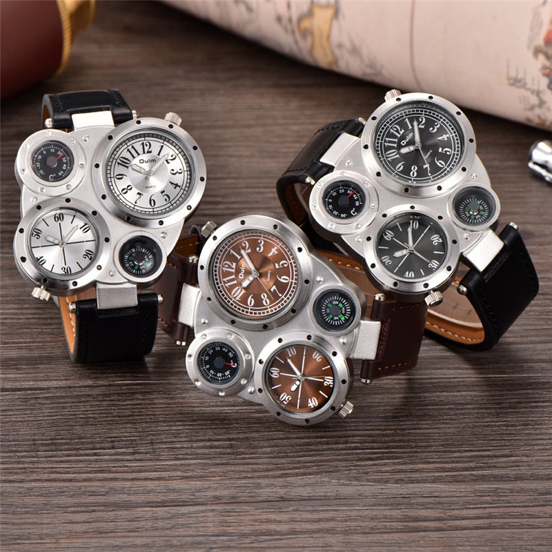 Big Face Oulm Luxury Brand Original Imported Quartz Watches Men Unique Design Dual Time Watch Decorative Compass Wristwatch
