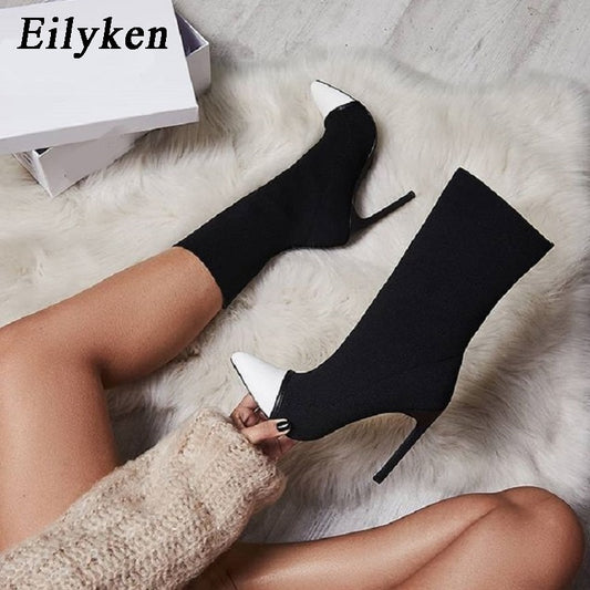 Eilyken 2023 New Women Knitting Stretch Sock Ankle Boots Pointed Toe Elastic Slip On High Heel Autumn Winter Pumps Shoes