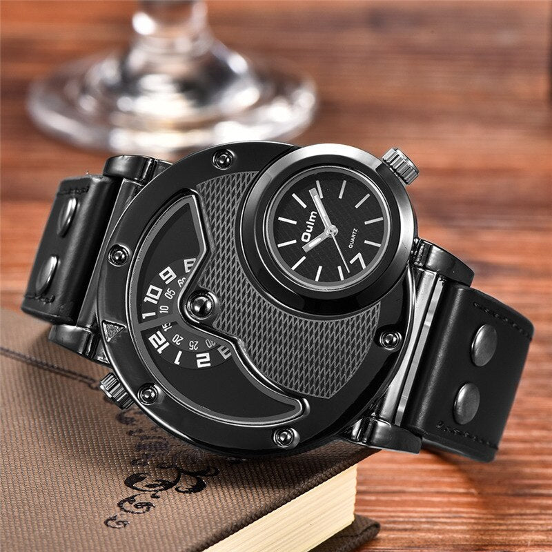 Oulm 9591 Two Time Zone Casual Leather Strap Wristwatch Male Big Size Sport Watches Unique Men&#39;s Quartz Watch relogio masculino