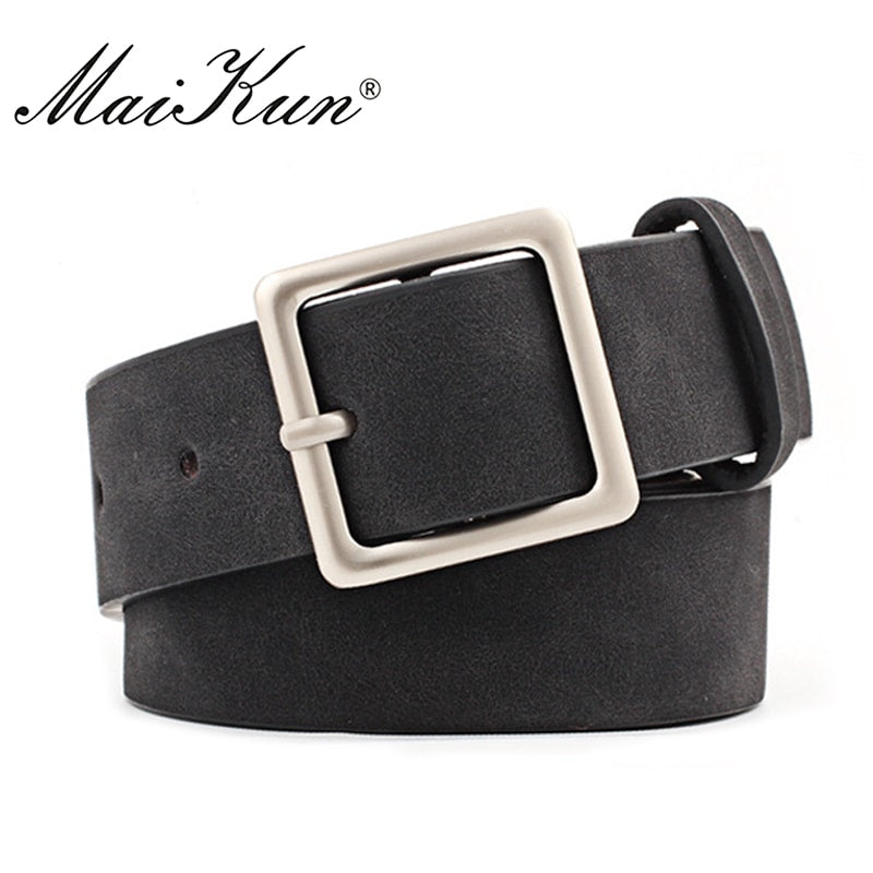 MaiKun Women Leather Belts for Jeans Luxury brand Designer Belts Female Square Metal Pin Buckle Belt