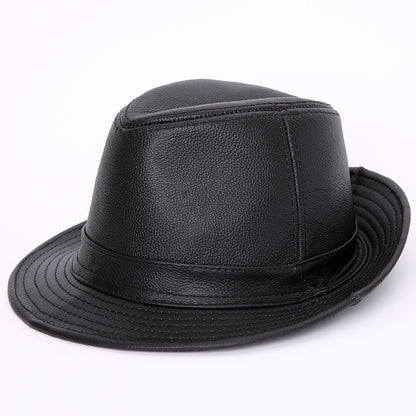 Male 100% Genuine Leather Jazz Hat Adult Fedoras Hat Male Sheepskin Fedoras Cap Men&#39;s Wide Brim Leather Cowboy Hat B-7284