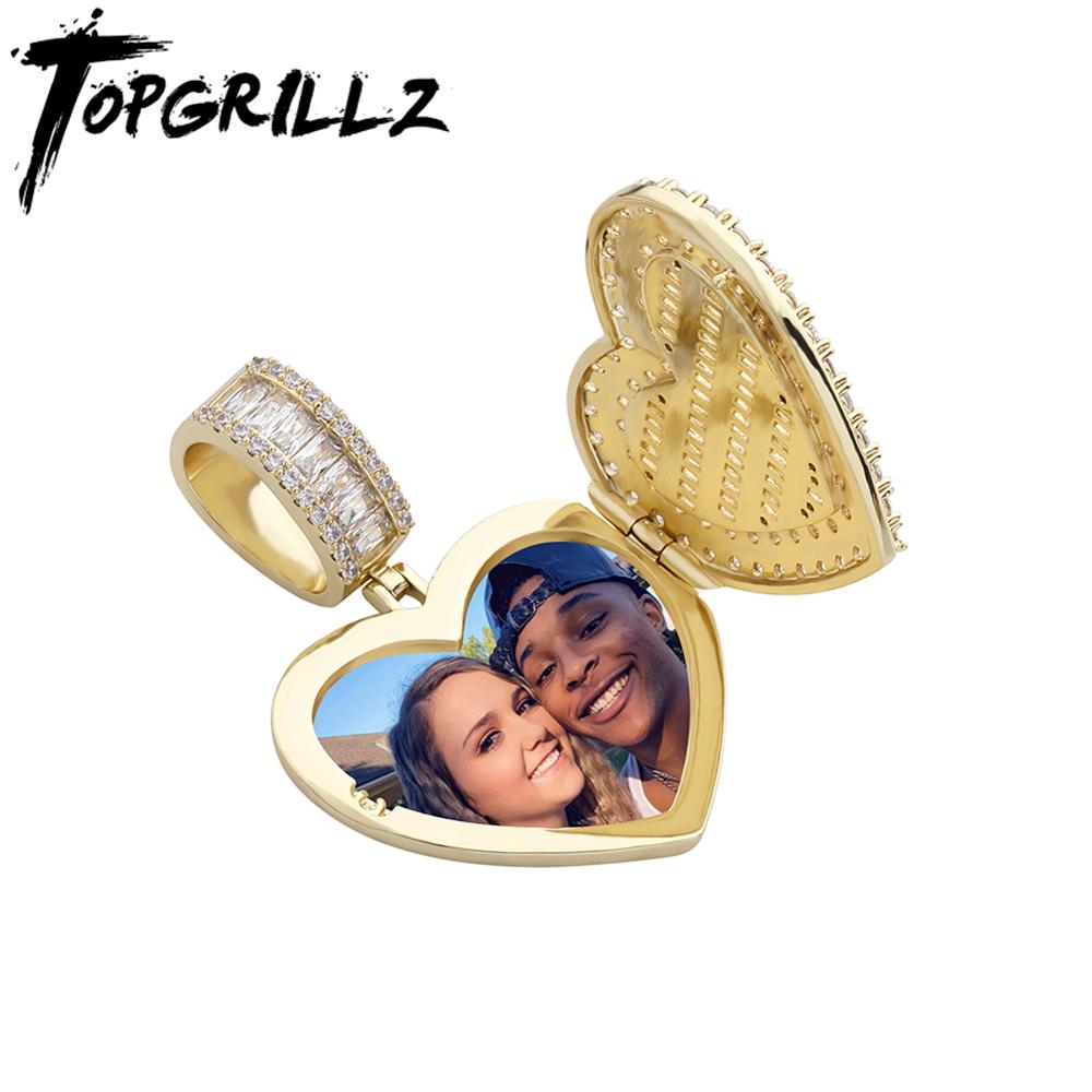 TOPGRILLZ Heart-shaped Photo Pendant Iced Zircon Cubic Zirconia Pendant Hip Hop Fashion Jewelry Can Be Opened