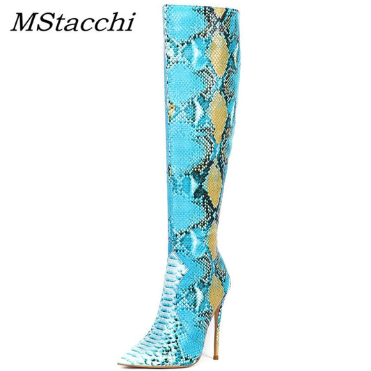MStacchi Women Snake Boots Pointed Toe Women&#39;s High Boots Ladies Sexy Stiletto High Heels Party Shoes Botas Mujer Demonia Boots