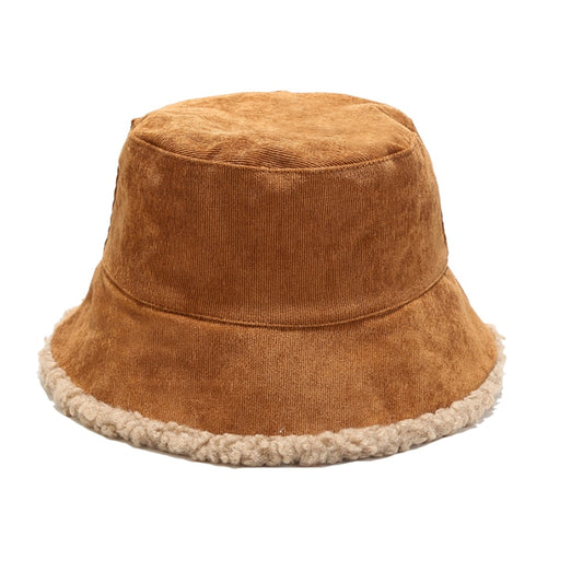 Reversible Faux Fur Bucket Hat Women Winter Lamb Wool Fleece Cap Corduroy Fisherman Hats Sunscreen Panama Caps