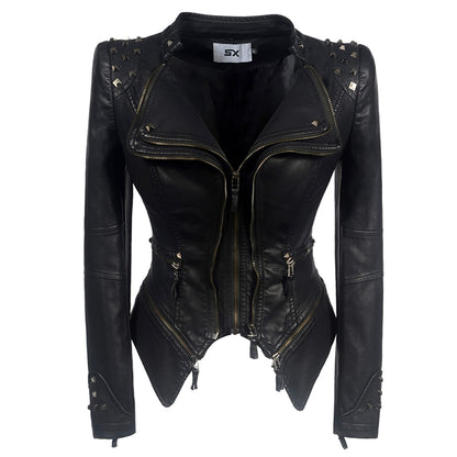 SX 2020 New Fashion Women Smooth Motorcycle faux PU Leather Jacket Lady Long Sleeve slim Biker Streetwear Snake print black Coat