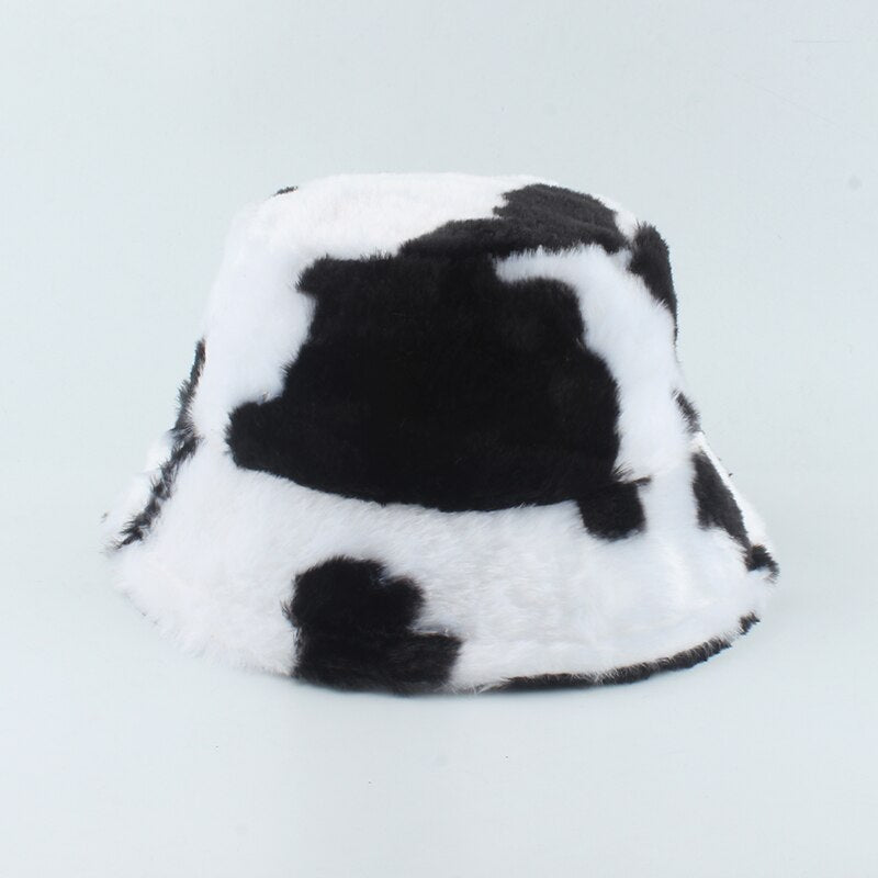 2021 New Fashion Korean Pink Cow Print Bucket Hat Faux Fur Winter Hats For Women Warm Plush Fisherman Caps