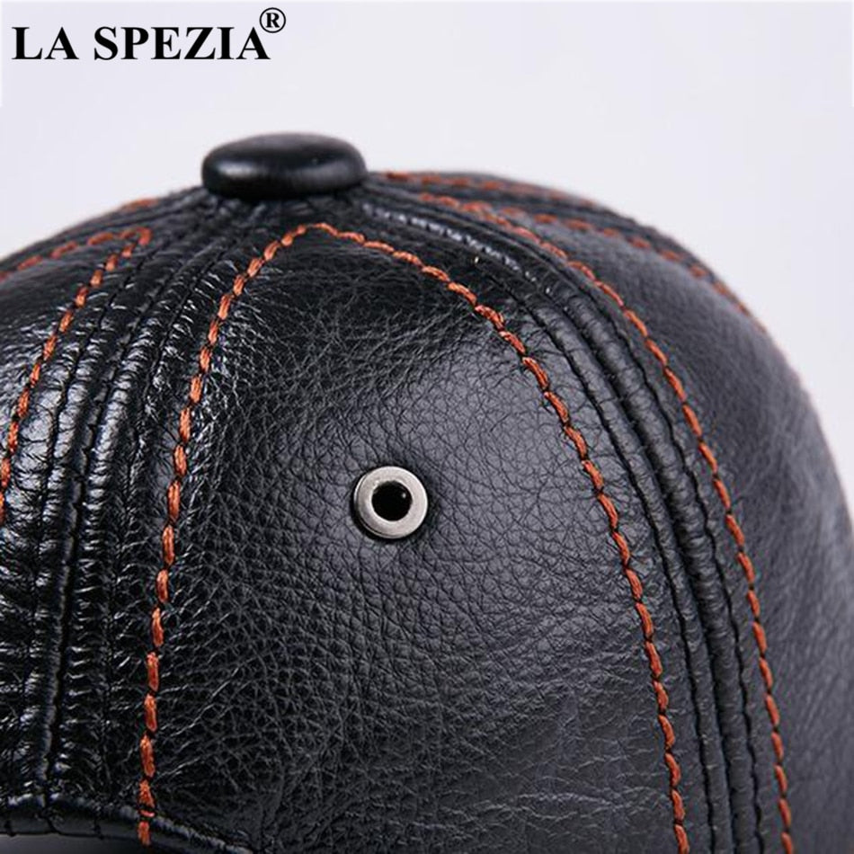LA SPEZIA Genuine Leather Baseball Cap Men Black Cowhide Hat Snapback Male Adjustable Autumn Winter Real Leather Peaked Hats