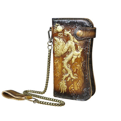 Cattle Male Genuine leather Dargon Tiger Emboss Fashion Checkbook Iron Chain Organizer Wallet Purse Design Clutch Handbag 1088