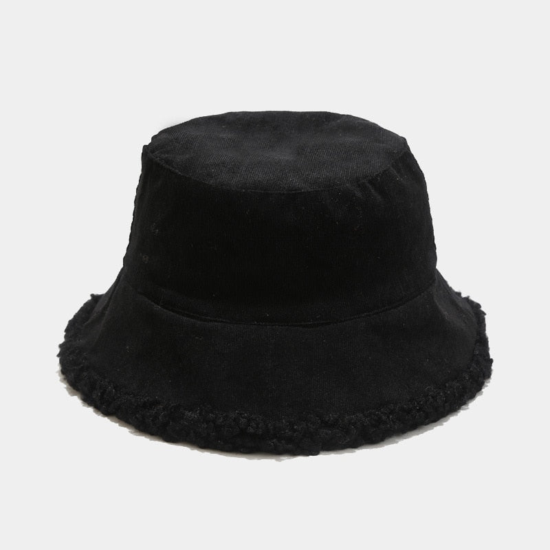 Reversible Faux Fur Bucket Hat Women Winter Lamb Wool Fleece Cap Corduroy Fisherman Hats Sunscreen Panama Caps