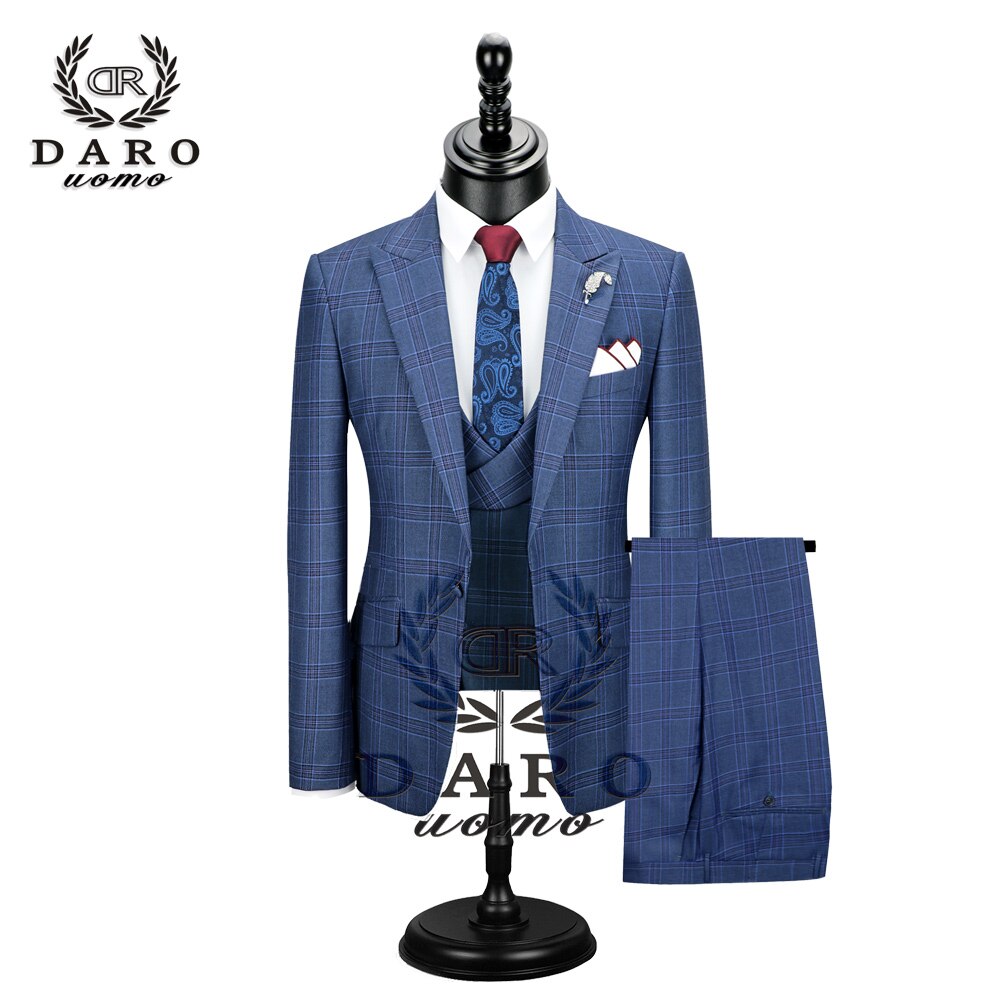 DARO 2022 New Men Suit 3 Pieces Fashion Plaid Suit  Slim Fit  blue purple  Wedding Dress  Suits Blazer Pant and Vest DR8193