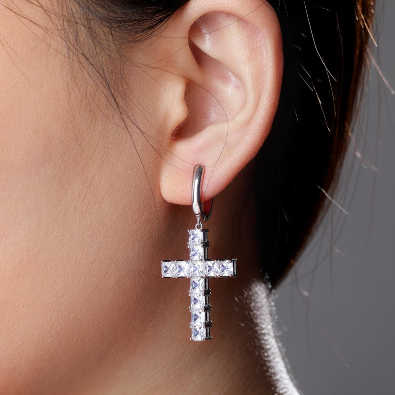 TOPGRILLZ Micro Paved Cross Full Bling Iced Out Earring Cubic Zircon Gold Silver Color Charm Stud Earrings Hip Hop Jewelry