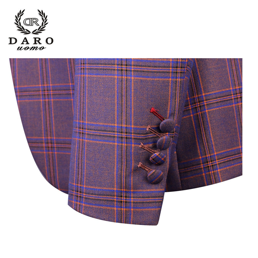 DARO 2022 New Men Suit 3 Pieces Fashion Plaid Suit  Slim Fit  blue purple  Wedding Dress  Suits Blazer Pant and Vest DR8193