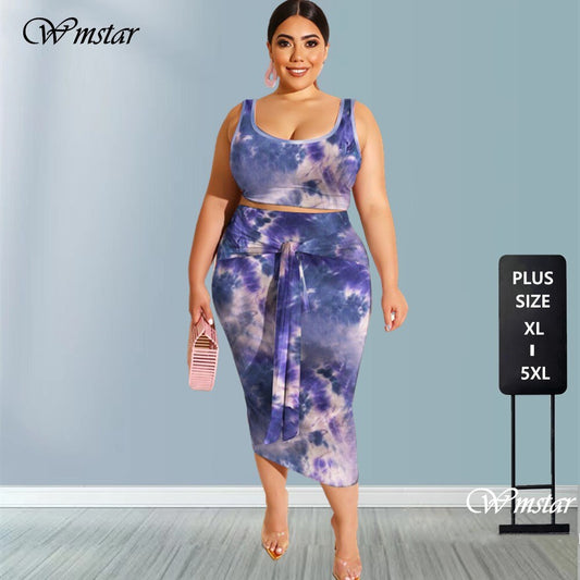 Plus Size Dress Sets Fashion Women&#39;s Suit Tie Dye Printing Tight Bandage Casual Long Skirt Two Piece Set Wholesale Dropshpping